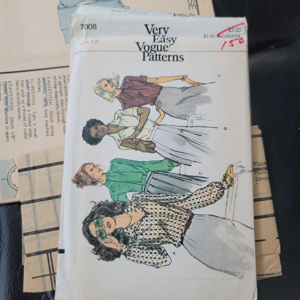 Vintage Very Easy Vogue Patterns 7008 Misses Blouse Sewing Pattern Size 12 Uncut